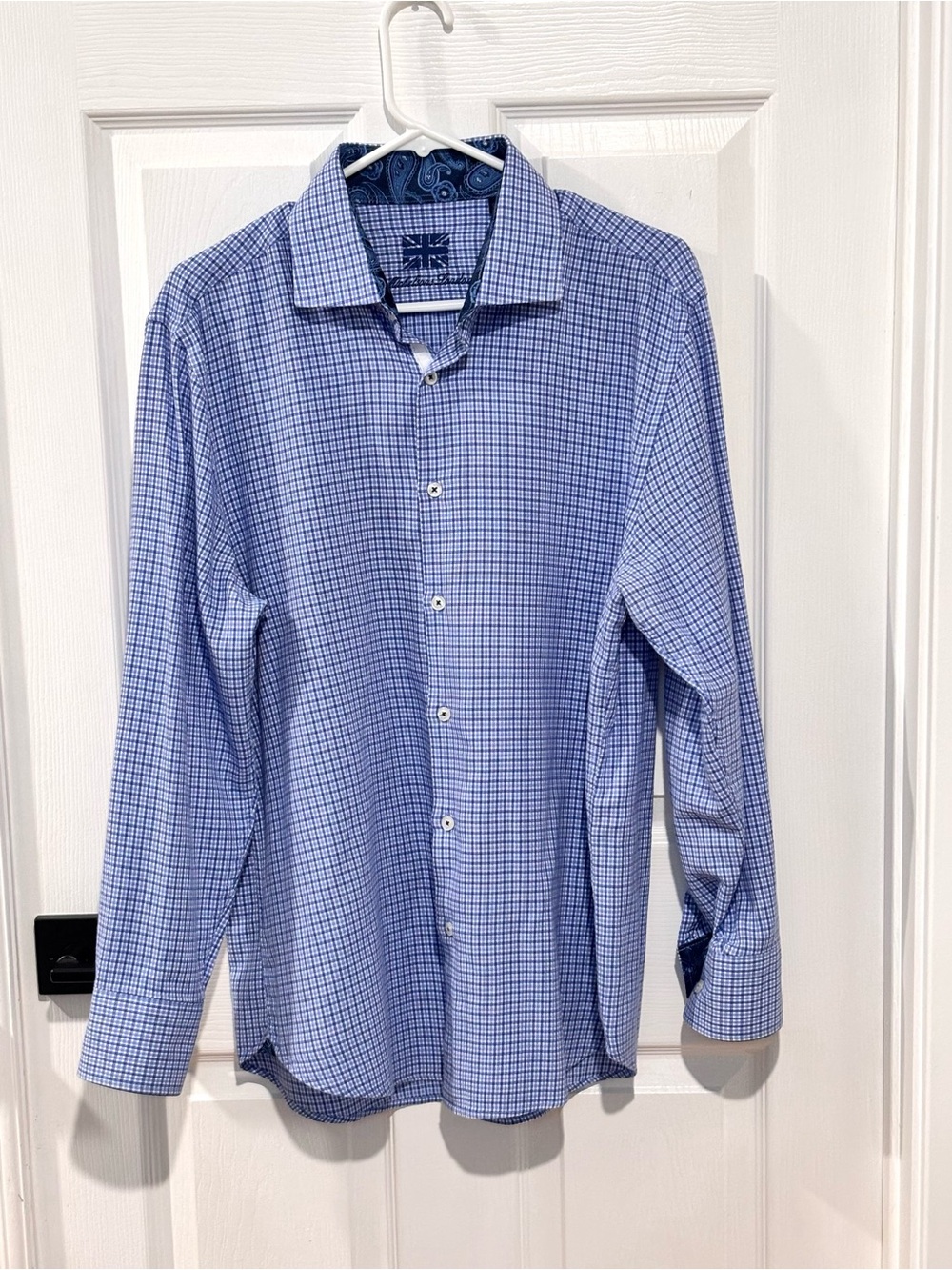 Michelsons London Mens LARGE Blue Checks Button-Down Paisley Flip Cuffs Shirt
